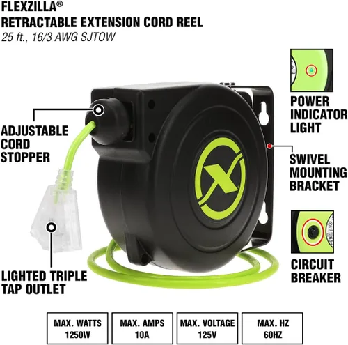 Vista 3 de Flexzilla Extensión retráctil 16/3 AWG 25' carrete de cable eléctrico, ZillaGreen, FZ8160253