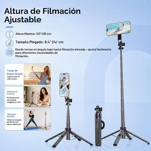 Vista 5 de Trípode magnético 4 en 1 para iPhone con tornillo de 1/4 pulgadas, trípode MagSafe Selfie Stick de 53 pulgadas con control remoto inalámbrico
