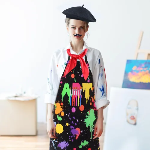 Vista 7 de Kyson Disfraz de artista para adultos, 8 piezas, pintor, Halloween, vestido con boina, delantal, paleta, pinceles, aretes, bandana y barba