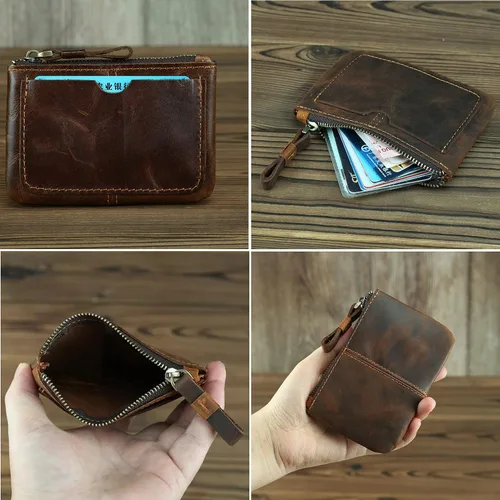 Vista 5 de Monedero de cuero genuino para mujeres y hombres, estilo vintage, cuero de grano de vacuno, delgado, minitarjetero con cremallera de metal con asa
