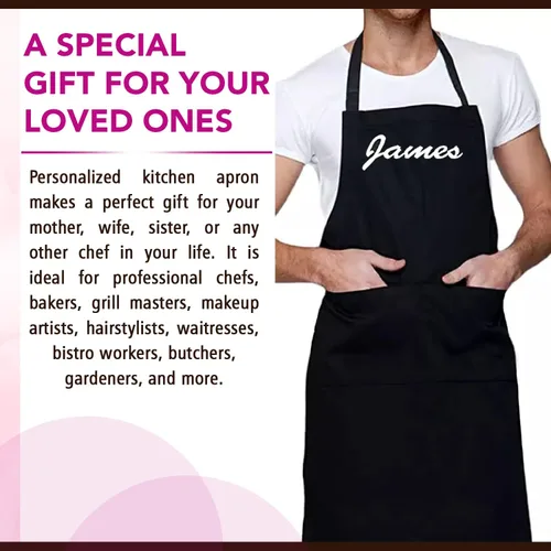 Vista 5 de Delantales personalizados para hombres y mujeres – Delantal personalizado con nombre bordado y bolsillos para cocina, pintura, manualidades, salón