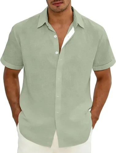 Vista 10 de Camisas de lino con botones para hombre, camisa casual de manga corta, sin pliegues, vestido de boda de verano, camisa de vacaciones en la playa