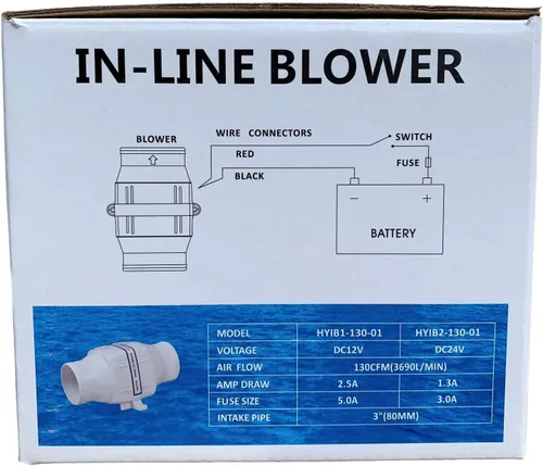 Vista 5 de Oasis Marine Soplador de aire eléctrico en línea para barco de sentina de 3 pulgadas y 12 V