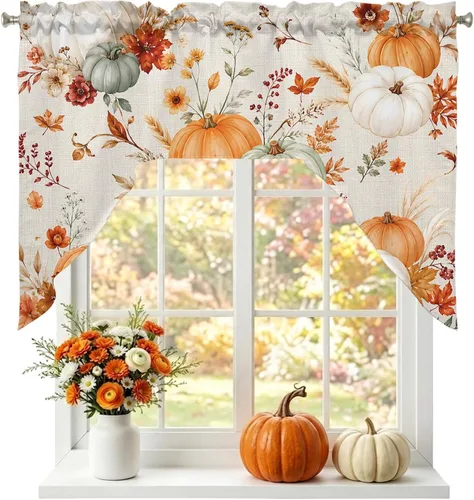 Vista 29 de Thanksgiving Fall Swag Kitchen Curtain Sets with Valance, Orange White Pumpkins 3 Pieces Curtain Drapes Rod Pocket for Bedroom Living Room Bathroom