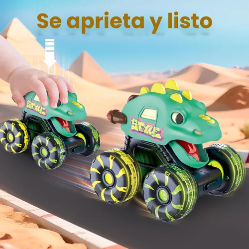 Vista 3 de Paquete de 3 juguetes de camión monstruo de dinosaurio con ruedas LED iluminadas para niños pequeños