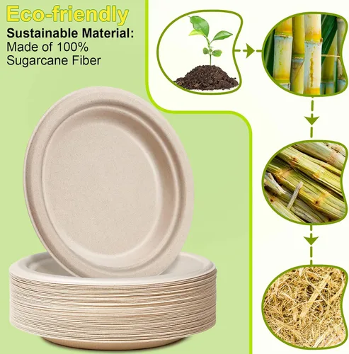 Vista 5 de Platos de papel pequeños, 7 pulgadas, paquete de 50 desechables, compostables, ecológicos, resistentes para comidas diarias, naturales