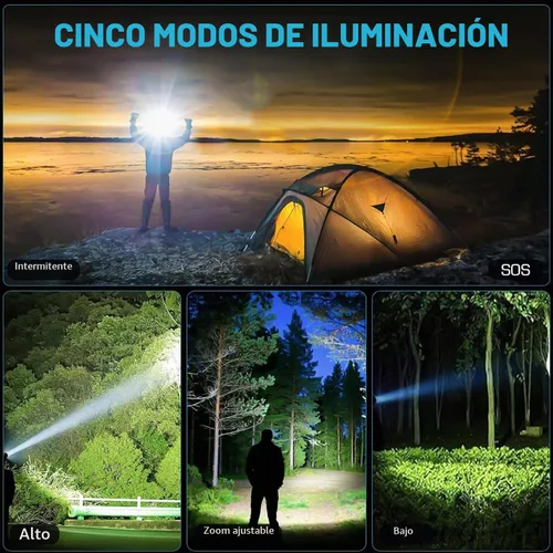 Vista 5 de Faro delantero LED recargable de 5000 lúmenes, faro con zoom con 5 modos e impermeable IPX7, luces de cabeza ajustables de 120° para la frente
