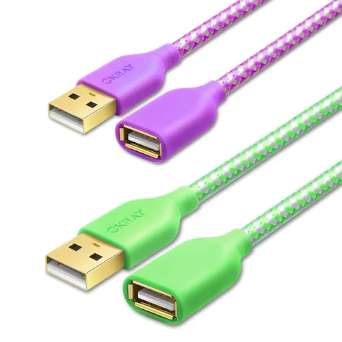 Vista 13 de OKRAY - Cable de extensión USB, paquete de 2 cables de extensión USB 2.0 de nailon trenzado de 6 pies tipo A, macho a hembra, con conector chapado