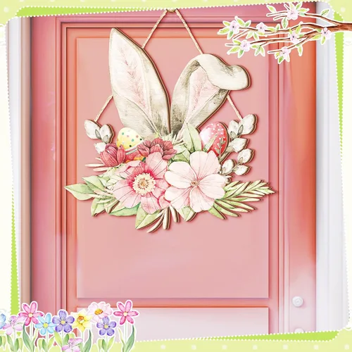 Vista 5 de Juexica Coronas de Pascua para puerta delantera, letrero de madera de bienvenida, colgador de puerta, decoración de primavera, placa colgante