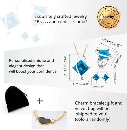 Vista 6 de Uloveido T295 - Juego de collar, anillo y aretes con topacio de cristal cuadrado grande Azul