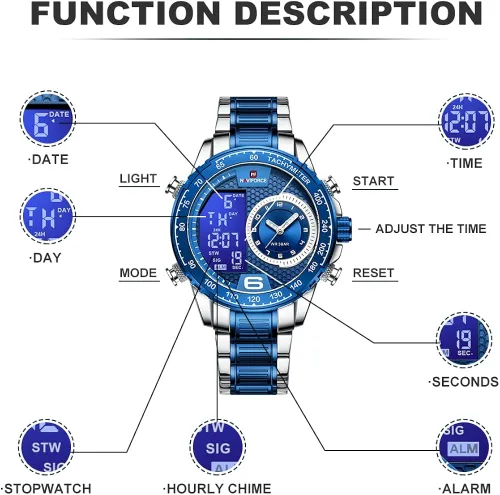 Vista 4 de NAVIFORCE Reloj para hombre reloj de cuarzo digital de doble pantalla multifuncional de acero inoxidable