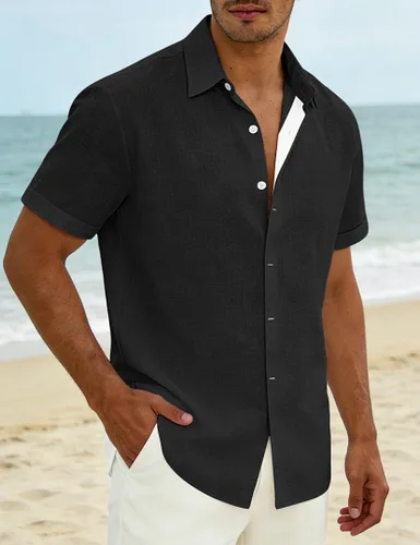 Vista 4 de Camisas de lino con botones para hombre, camisa casual de manga corta, sin pliegues, vestido de boda de verano, camisa de vacaciones en la playa