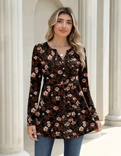 Vista 2 de Zeagoo Blusas de manga larga para mujer, estilo bohemio, cuello en V negro (Flower Black)