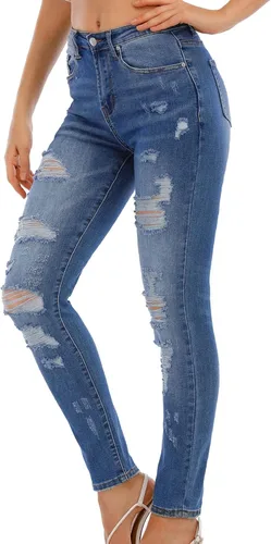 Vista 5 de AMCLOS Pantalones cortos de mezclilla casuales para mujer cintura alta elástica con agujeros rasgados desgastados con bolsillos