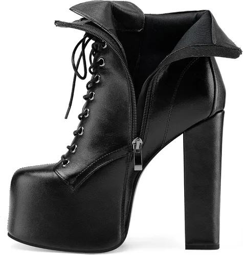 Vista 6 de Perisis Botines de plataforma de tacón alto grueso para mujer, botines de tacón con cordones de cuero a la moda con cremalleras