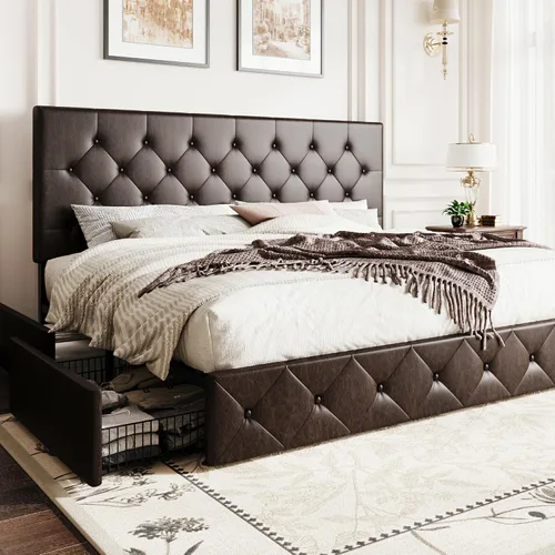 Vista 26 de SHA CERLIN Base de cama de plataforma tamaño matrimonial tapizada con 4 cajones de almacenamiento, cabecero ajustable con diseño cosido en cuadrados