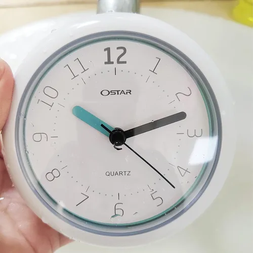 Vista 5 de OSTAR Reloj de ducha de baño impermeable, reloj analógico de cuarzo, soporte colgante de doble propósito, funciona con pilas AA, tamaño redondo