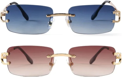 Vista 7 de Rimless Sunglasses for Men Women Small Narrow Rectangle Sunglasses 2 piezas: azul degradado+marrón degradado