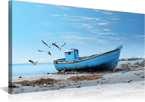 Vista 16 de Arte de pared costero de playa, arte en lienzo de barco azul, imágenes de gaviota, paisaje marino, impresiones de pintura de paisajes marinos, obras