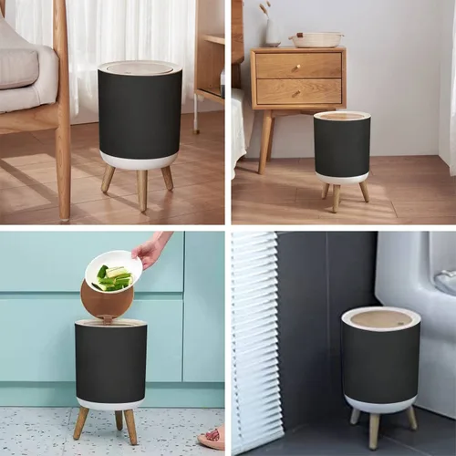 Vista 5 de Cubo de basura pequeño con tapa para baño, cocina, oficina, pañal elegante negro viejo pizarra textura desgastada grunge bordes, cubo de basura