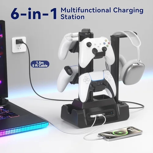 Vista 8 de KDD Estación de carga para múltiples dispositivos - Base de carga de 4 puertos con controlador y soporte para auriculares - 3 USB A y 1 USB C