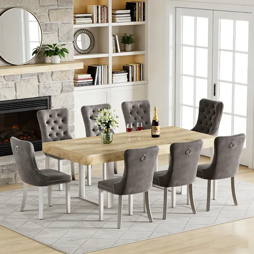 Vista 24 de Juego de mesa de comedor extensible de 5 piezas para 4, mesa de cocina de madera marrón de 63-78.7 pulgadas con 4 sillas acolchadas beige, juego
