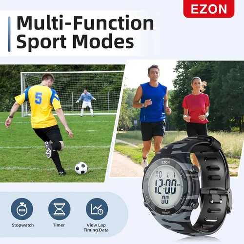 Vista 3 de EZON Reloj digital 5ATM impermeable cronómetro con temporizador de cuenta regresiva, cronógrafo, temporizador de solapa, retroiluminación ELalarma