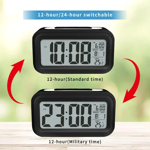 Vista 4 de Reloj despertador digital con temperatura interior, funciona con pilas, modelo con función de repetición, pantalla de 12/24H para dormitorios