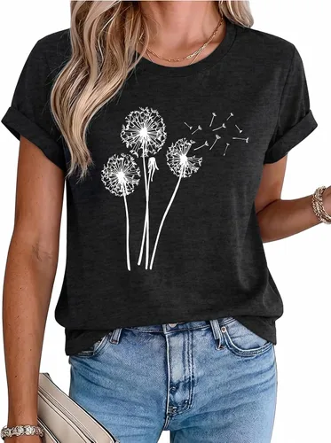 Vista 13 de MaQiYa - Camiseta de verano con estampado de diente de león para mujer, diseño vintage Negro