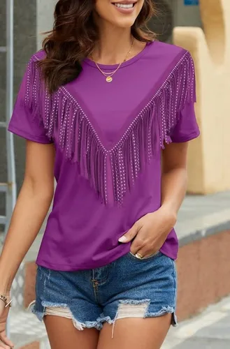 Vista 3 de PESION Camisas de manga corta con flecos para mujer, blusa con ribete de borlas