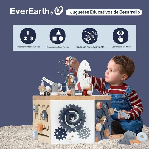 Vista 7 de EverEarth Cubo de actividades de madera con laberinto de cuentas, cubo de actividades espaciales para niños de 1 a 3 años, multijuego, aprendizaje