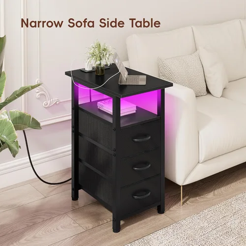Vista 8 de Vagusicc Mesita de noche negra con estación de carga y luces LED, mesa auxiliar estrecha, mesita de noche LED con 3 cajones de tela para dormitorio