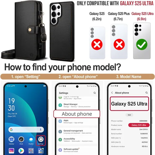 Vista 2 de Funda tipo cartera para Samsung Galaxy S25 Ultra, funda tipo cartera multifunción, desmontable 3 en 1 magnética para Galaxy S25 Ultra, funda