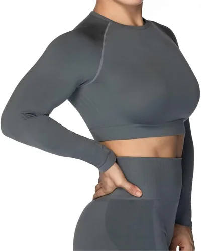Vista 4 de Sunzel Camisetas cortas de entrenamiento de manga larga sin costuras para mujer, suaves y ajustadas, atléticas, para yoga, gimnasio, deportes