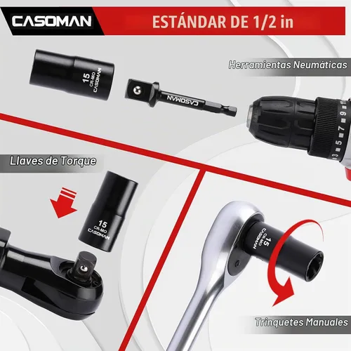 Vista 5 de CASOMAN Juego de 16 piezas de dados extractores de tuercas y pernos de impacto de 1/2 pulgada, extractor de tuercas de llanta desnudas, incluye