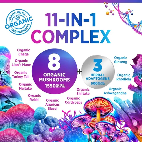 Vista 3 de Suplemento en polvo de hongos – Mezcla 11 en 1 – Melena de león orgánica, Reishi, Cordyceps, Chaga, polvo de extracto de hongo de cola de pavo
