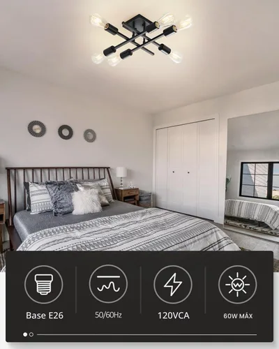 Vista 6 de Lámpara de techo semiempotrada de 6 luces, moderna lámpara Sputnik negra, lámpara de techo de granja E26, lámpara de techo para cocina, dormitorio