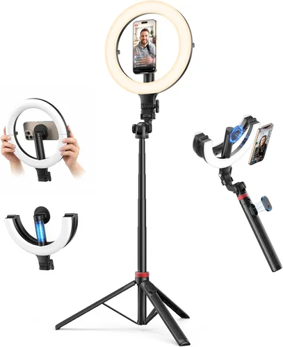 Vista 8 de Luz de anillo para selfie con soporte y soporte para teléfono, soporte de teléfono aéreo con luces de anillo de 10.5", luz circular de escritorio
