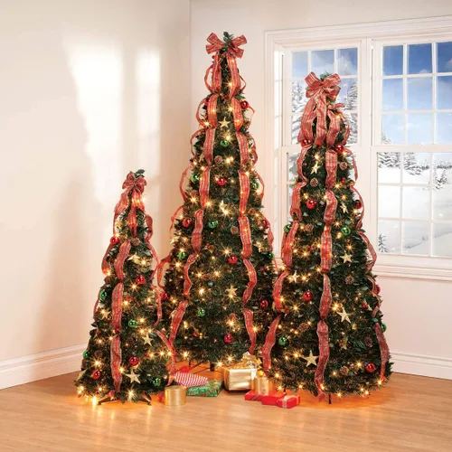 Vista 3 de Holiday Peak Árbol de Navidad pull-up, preiluminado y totalmente decorado, 7 pies