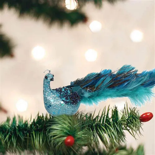 Vista 5 de Adornos de Navidad de pavo real de 12 pulgadas, elegante pájaro de pavo real azul verde azulado decorativo con cola de plumas en clip, adorno de 1