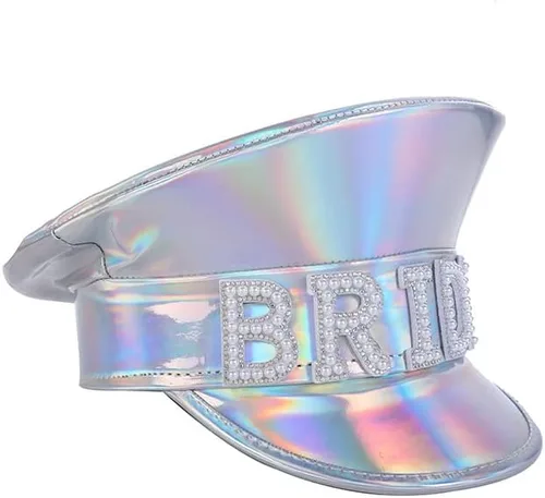 Vista 2 de Yesaxwiv Unisex deslumbrante sombrero de novia de cuero plateado sombrero de gallina sombrero nupcial capitán sombrero policía Cosplay Cap