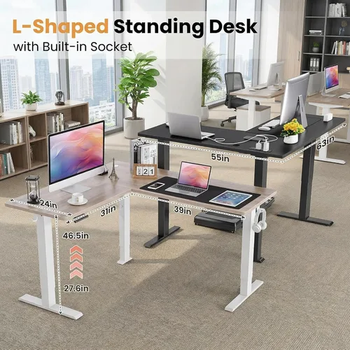 Vista 6 de 63” L Shaped Standing Desk with Charging Station,Supports Left and Right Swapping,Electric Height Adjustable Corner Stand Up Desk.Free Hook