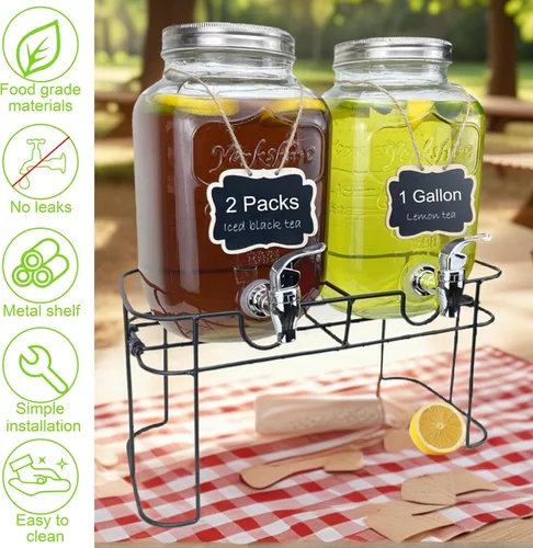 Vista 4 de Despachador de bebidas de vidrio de 1 galón para fiestas, paquete de 2, dispensador de jugo, limonada, té helado y agua con soporte, dispensadores