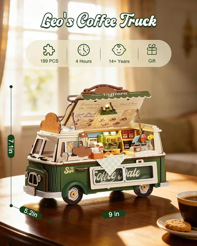 Vista 4 de Rolife Rompecabezas de madera 3D para adultos, camión de café Leo vintage, kit de modelo de madera para bricolaje, juego de construcción de Camión