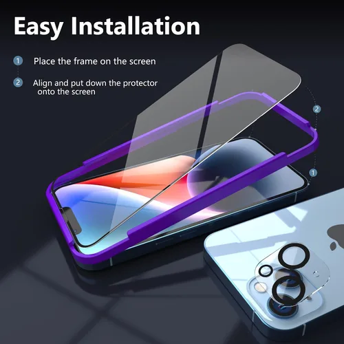 Vista 4 de MANTO Paquete de 2 protectores de pantalla para iPhone 14 Plus (6.7 pulgadas) con 2 protectores de lente de cámara, cobertura completa, HD