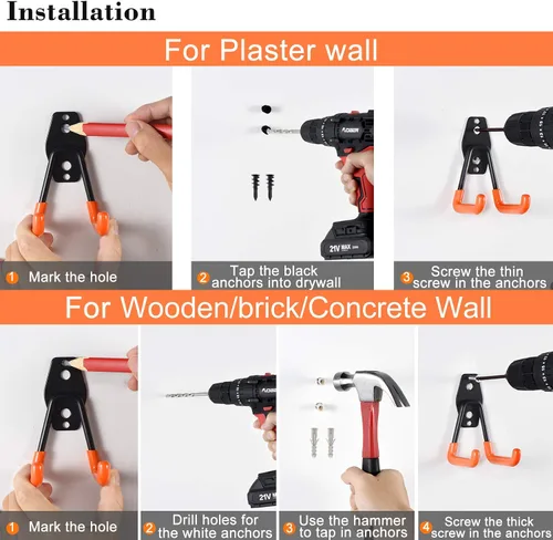 Vista 5 de AOBEN Ganchos de garaje resistentes, ganchos de almacenamiento de acero para garaje, perchas para herramientas y montaje de pared combinable