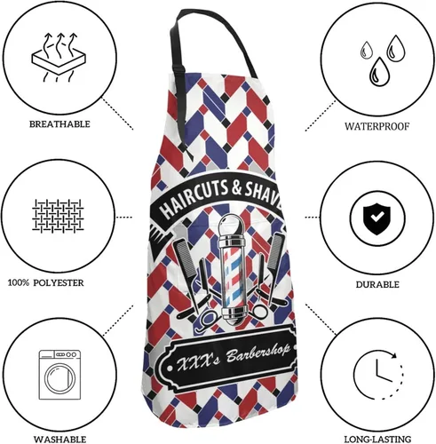 Vista 4 de Delantal de barbería personalizado para hombres y mujeres, delantal de peluquería con texto personalizado con bolsillos, delantal personalizado