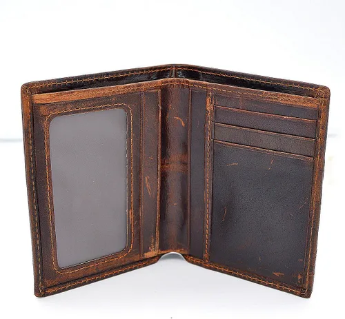 Vista 3 de Cartera de cuero genuino marrón para hombre con tarjetero de crédito patrón de dragón M, Estilo vertical, Funda tipo cartera para tarjetas