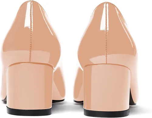 Vista 4 de MODENCOCO Zapatos de tacón bajo grueso de piel de charol para mujer, puntera redonda, de 2 pulgadas