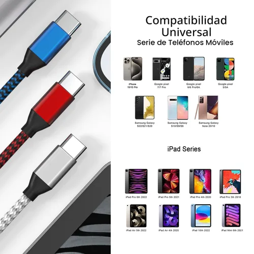 Vista 6 de Cable USB C a USB C trenzado de nailon de 60 W, 3/3/6/6/10 pies, USB tipo C